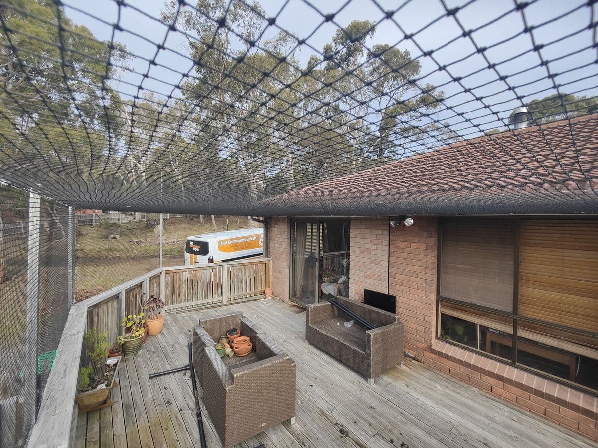 Black netting over a timber deck with wicker outdoor furniture against the back of a brick house, with gum trees beyond