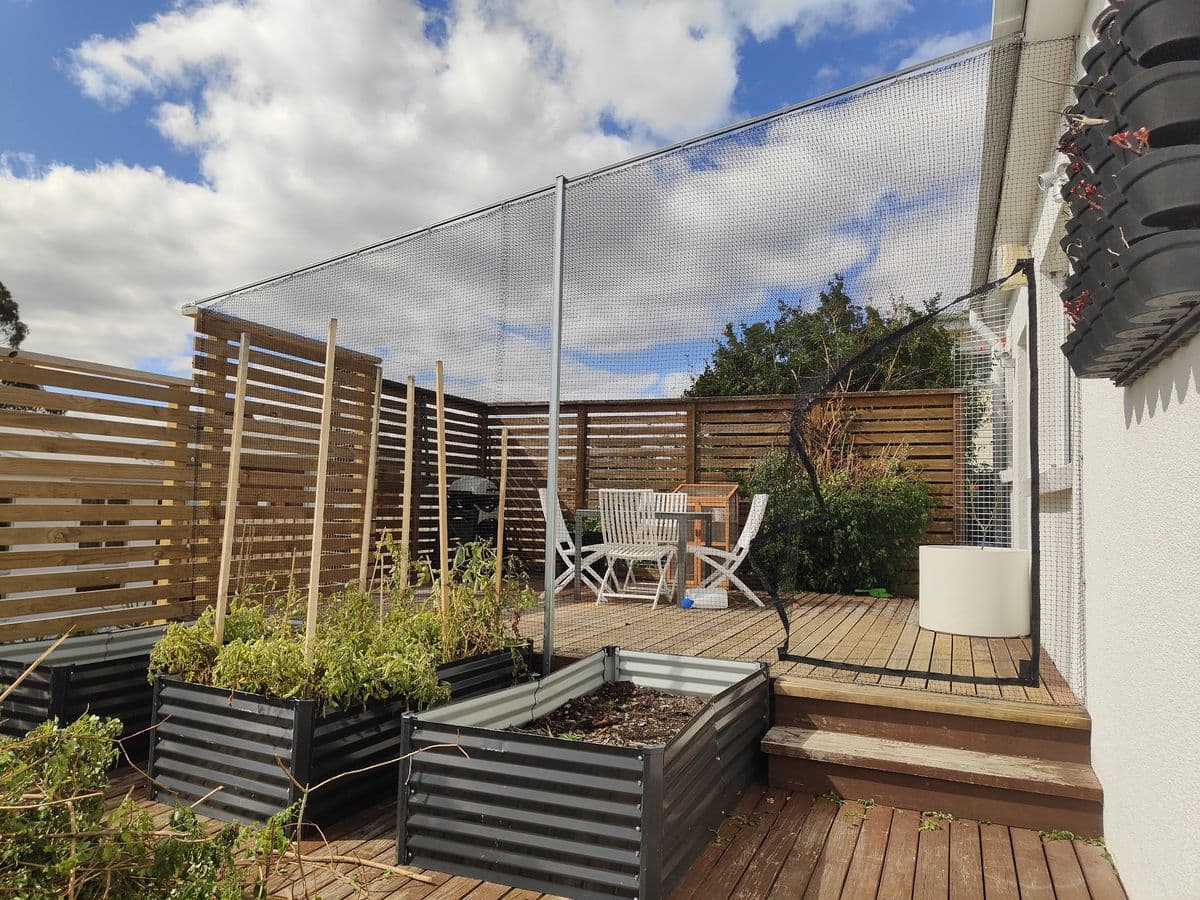 Netting on tall posts enclosing a timber deck with metal raised garden beds, slat screens and an outdoor setting