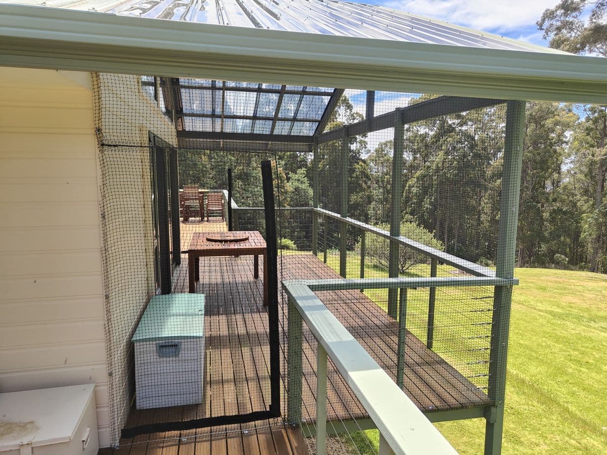 A long timber deck enclosed in mesh under a clear roof, with outdoor furniture and green-painted posts