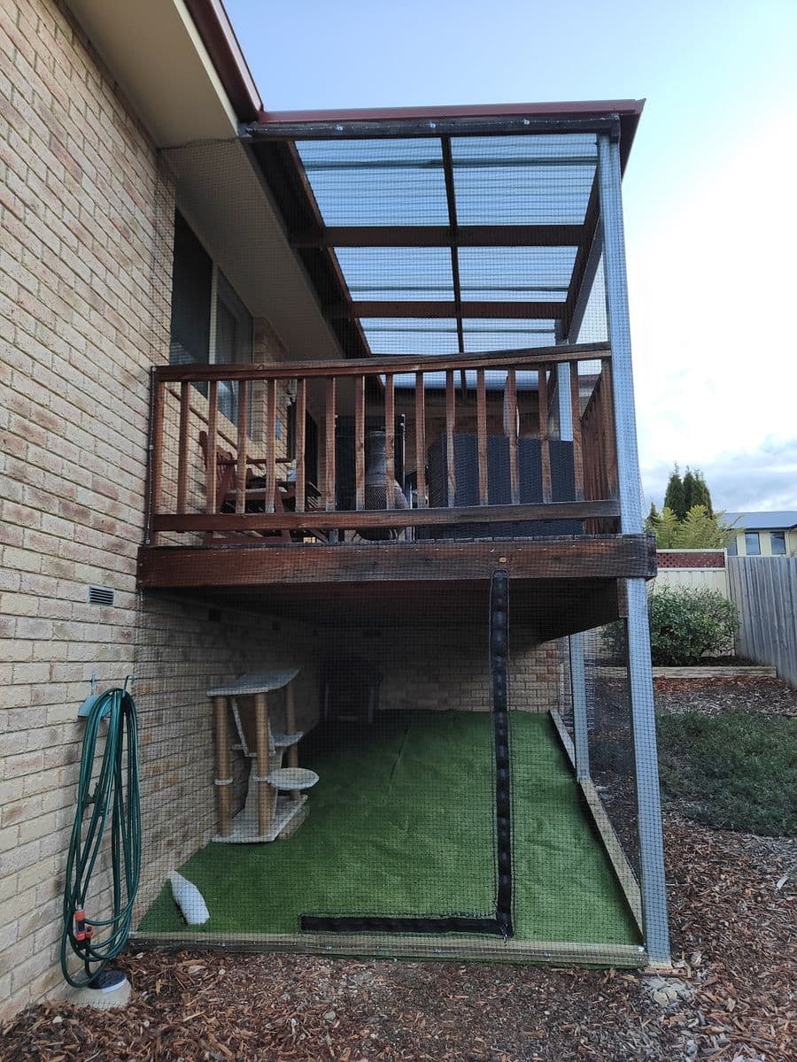 A catio under a raised timber deck, with artificial turf, shelves and mesh walls beside a brick house