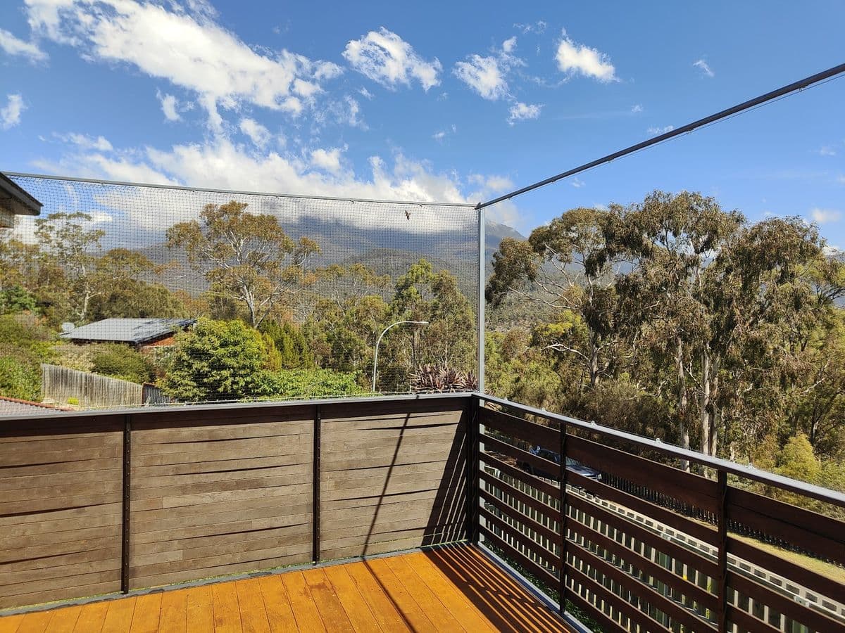 A timber deck with fine netting on a slim frame, looking out over gum trees to the mountains