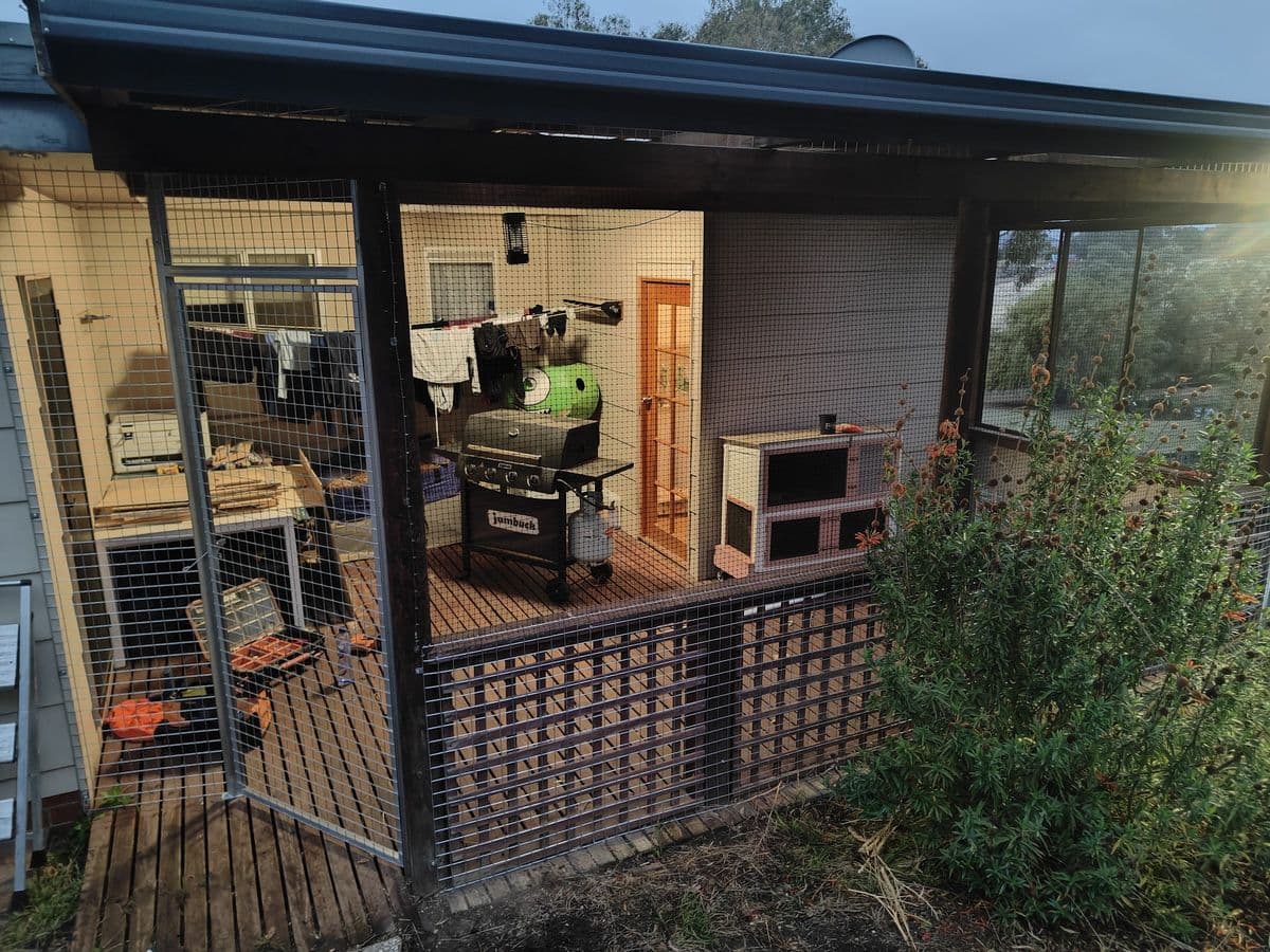 A covered deck enclosed with mesh panels and timber lattice, with a barbecue and outdoor storage inside